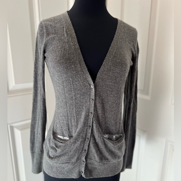 Smitten Gray Button Front Cardigan Sweater Wool Blend with Sequin Pockets - Picture 6 of 15